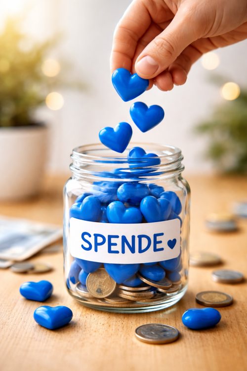 A glass labeled "Donation" which is filled with hearts and coins